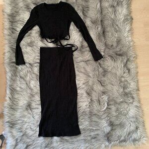 ZARA 2 Piece Outfits Tie Crop Top and Bodycon Midi Skirt Set, Black, Size S